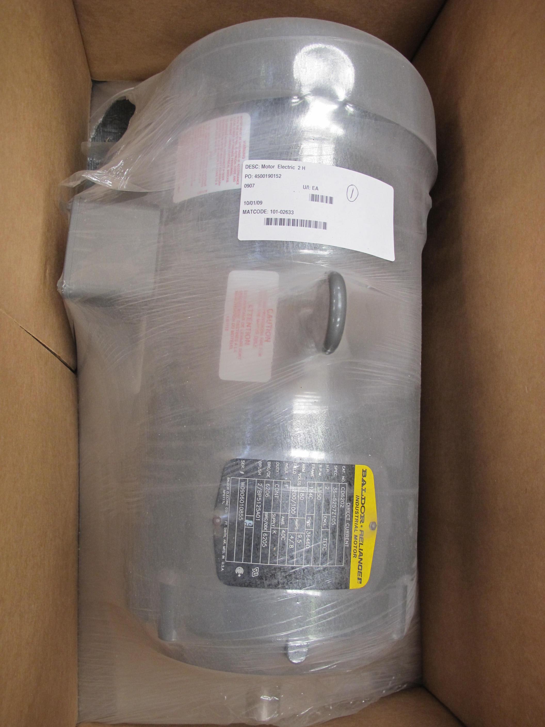 MOTOR, ELECTRIC TYPE, 2 HORSEPOWER, 180VDC ELEC RATING, 1750 RPM, 184C FRAME, 9.5 AMPS, TEFC ENCLOSURE, CONT DUTY. PART # CD6202 (W-44) LOADING & HANDLING FEE $15-